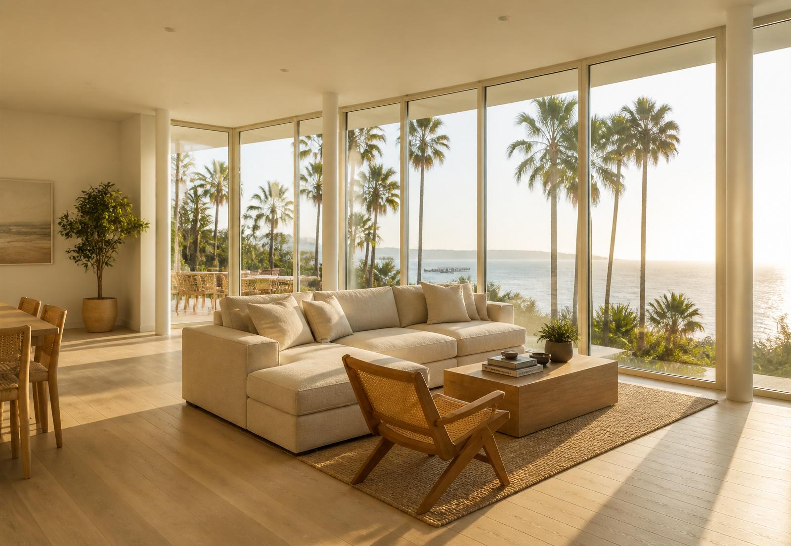 Sunlit coastal living room with ocean view in San Diego